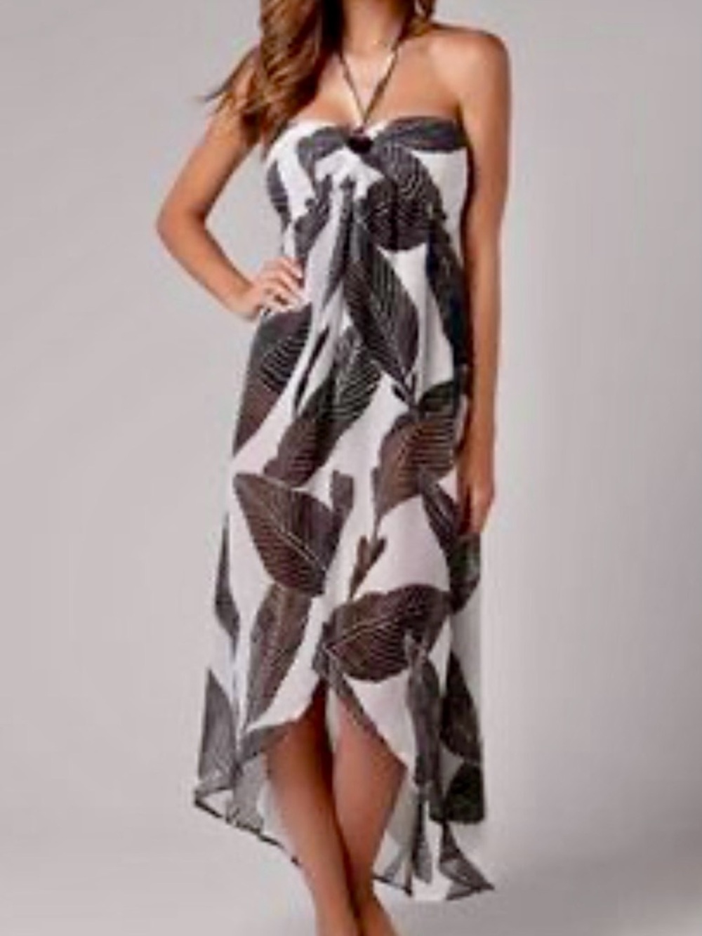 Tommy Bahama Black and White Strapless Leaf-Print Maxi Dress Swimsuit Cover-up